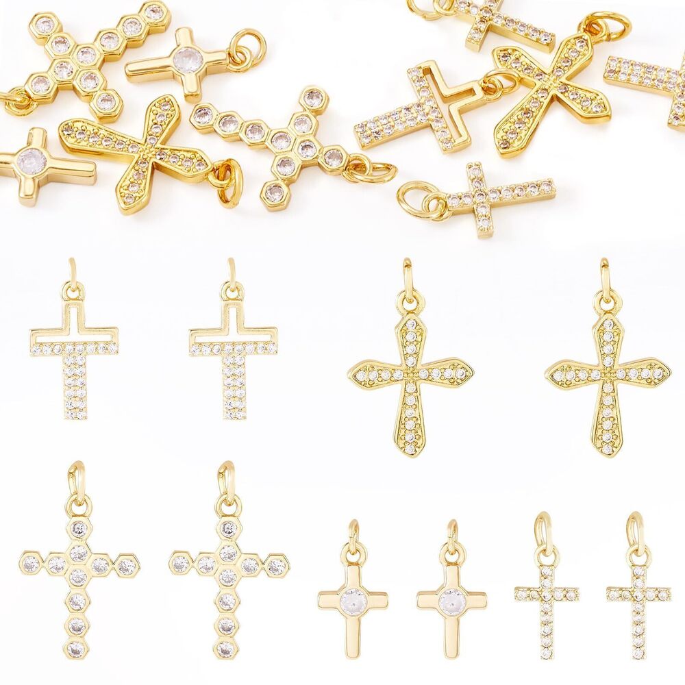 1780 10Pcs 18K Gold Plated Brass Cross Charms Micro Pave Cubic Zirconia